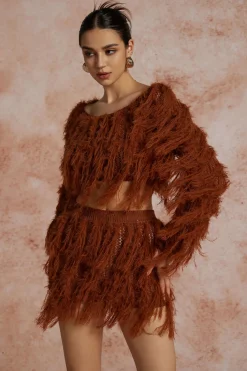 Solid Knit Fringe Long-Sleeve Top And Skirt Set