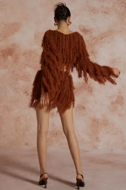 Solid Knit Fringe Long-Sleeve Top And Skirt Set
