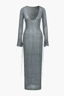 Solid Knit Fringe V-Neck Long Sleeve Maxi Dress