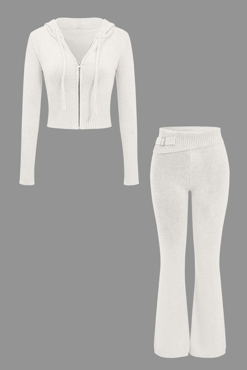 Solid Knit Hooded Top And Asymmetrical Pants Set