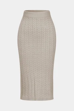 Solid Knit Long Sleeve Top And Slit Skirt Set