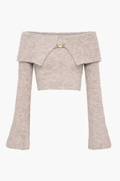 Solid Knit Metallic Off Shoulder Long-Sleeve Top