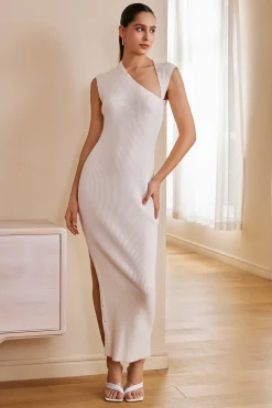 Solid Knit Slit Button Asymmetrical Midi Dress