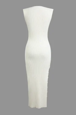 Solid Knit Slit Button Asymmetrical Midi Dress