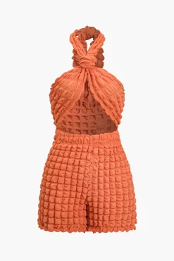 Solid Knot Cut Out Grid Texture Romper
