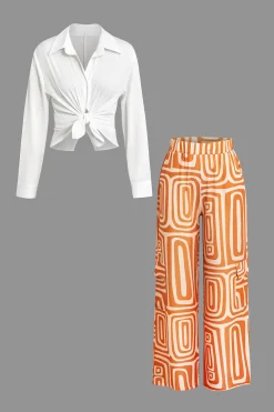Solid Knot Shirt And Artistic Print Pants Set
