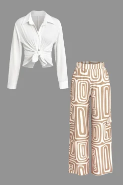 Solid Knot Shirt And Artistic Print Pants Set