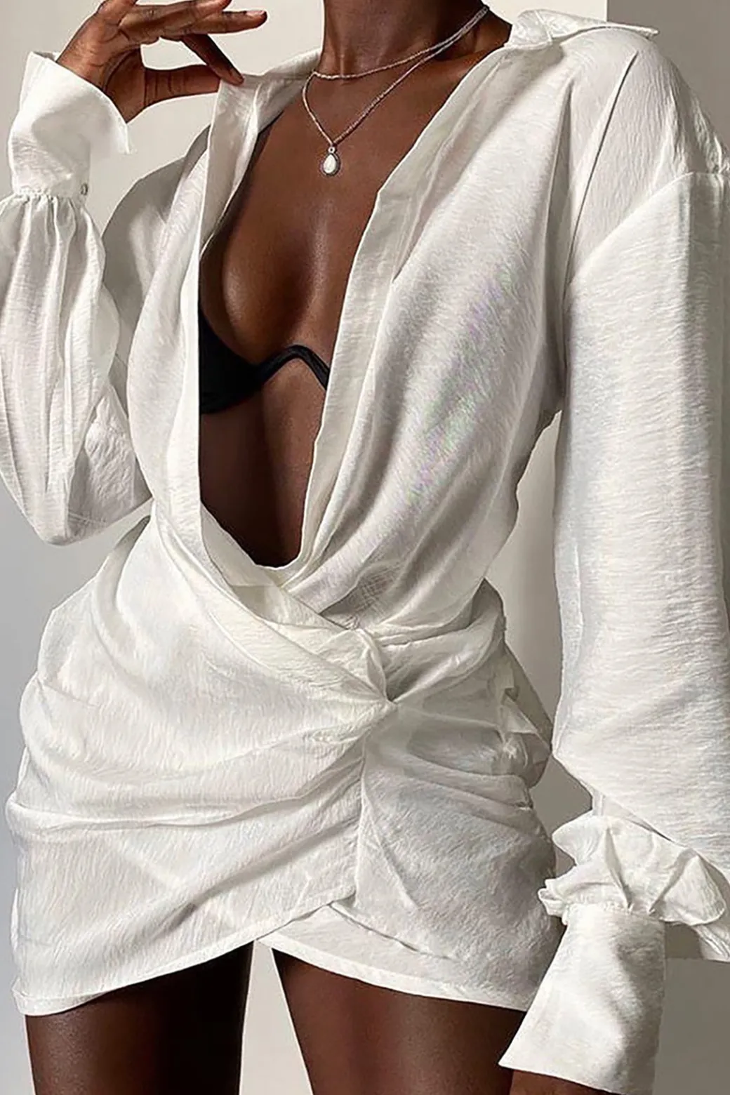 Solid Long Sleeve Deep V Mini Dress
