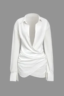 Solid Long Sleeve Deep V Mini Dress