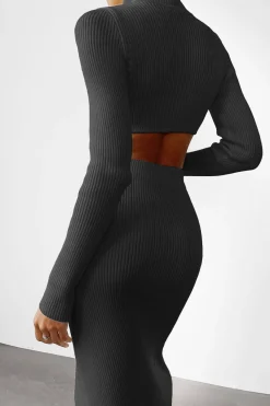 Solid Mock Neck Ribbed Knit Crop Top And Slit Skirt Set