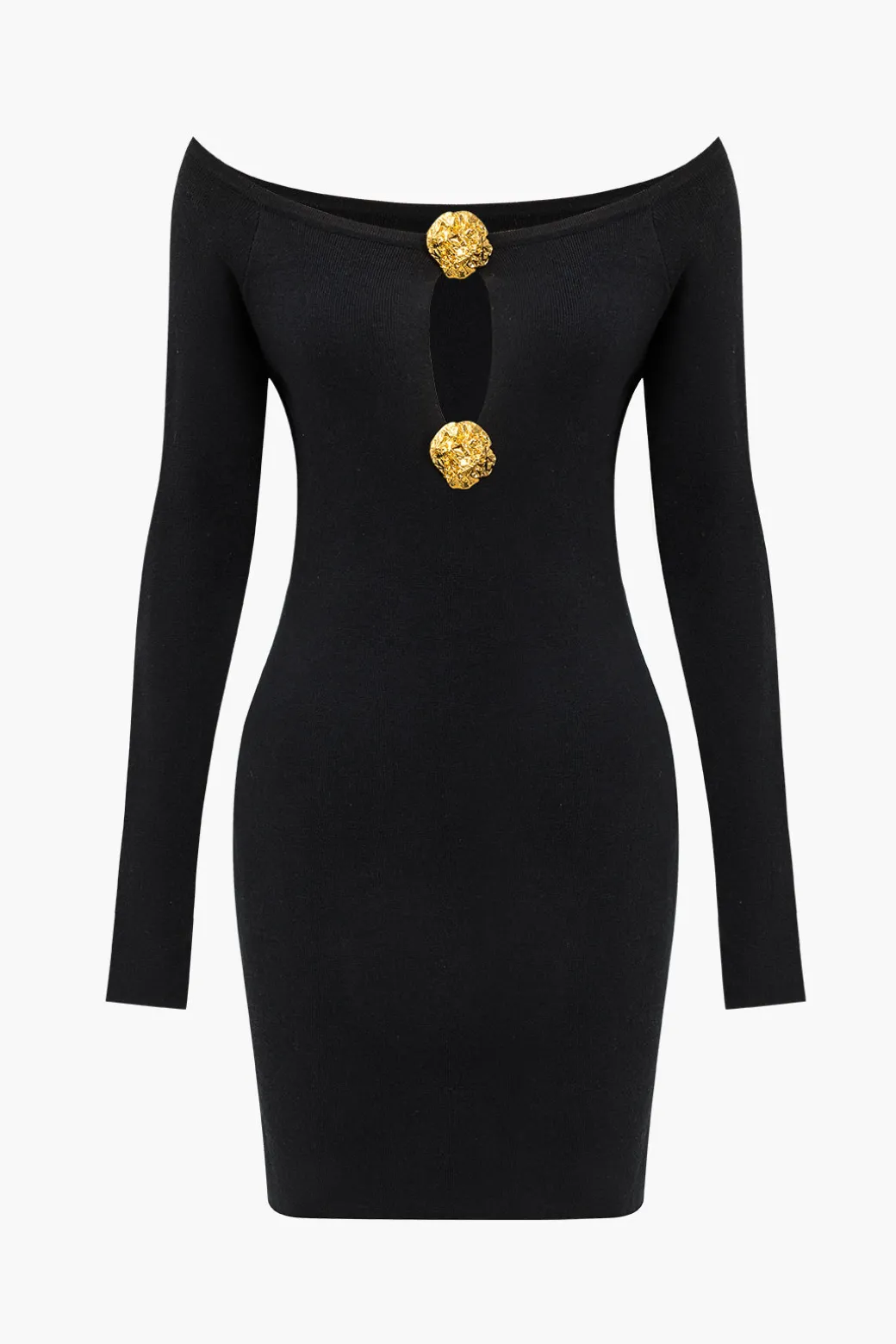 Solid Off Shoulder Button Round Neck Cut Out Mini Dress