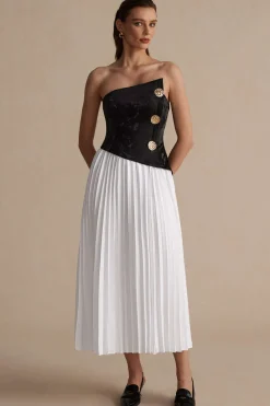 Solid Patchwork Pleated Asymmetrical Maxi Dress