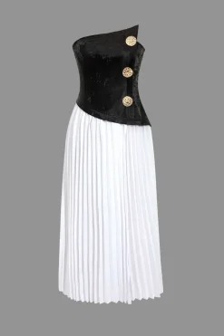 Solid Patchwork Pleated Asymmetrical Maxi Dress