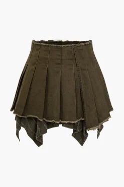 Solid Pleated Denim Mini Skirt