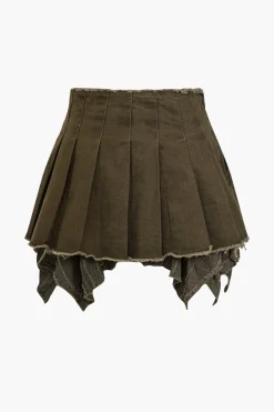 Solid Pleated Denim Mini Skirt