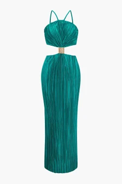 Solid Pleated Slit Maxi Dress