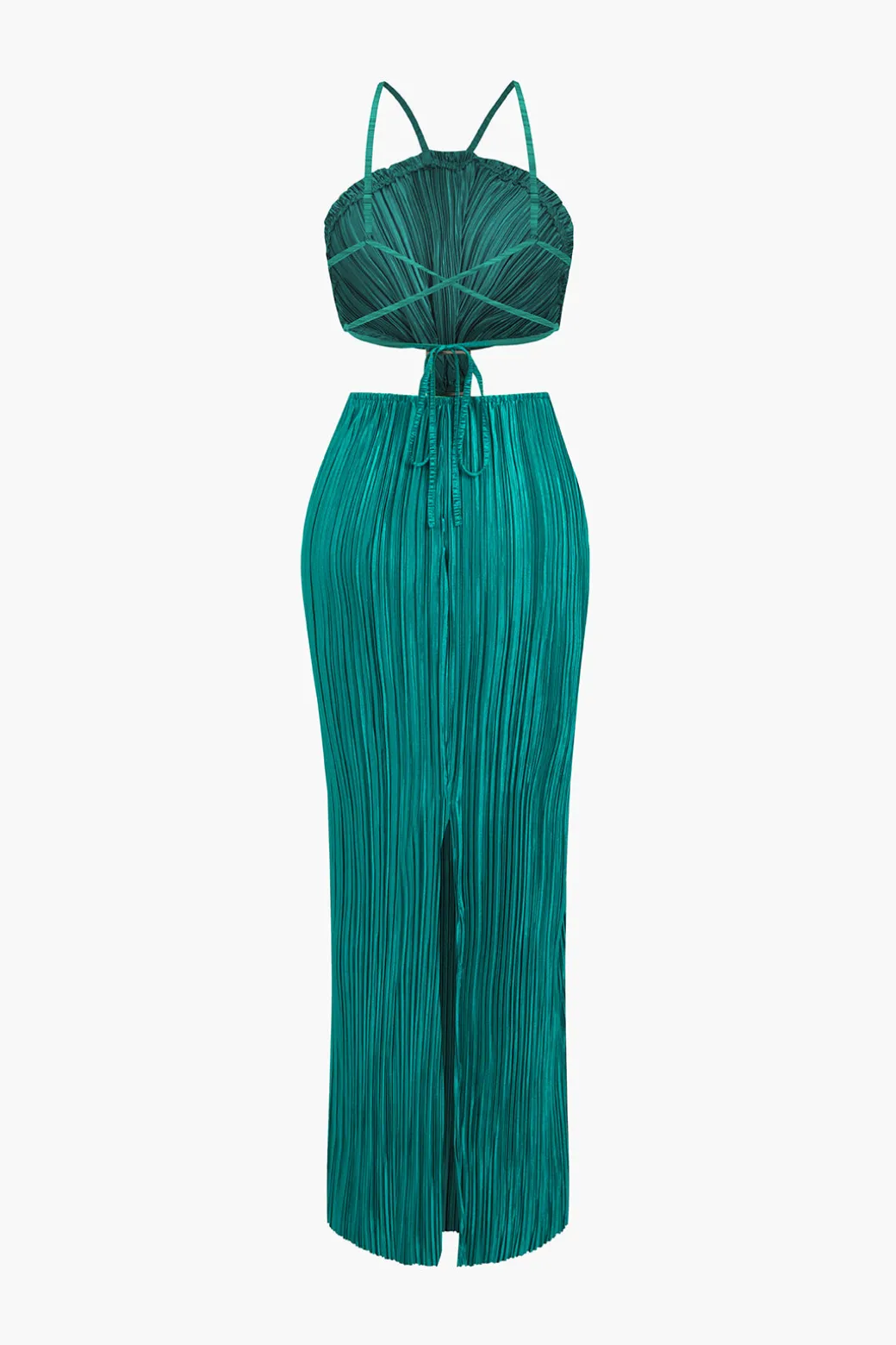Solid Pleated Slit Maxi Dress