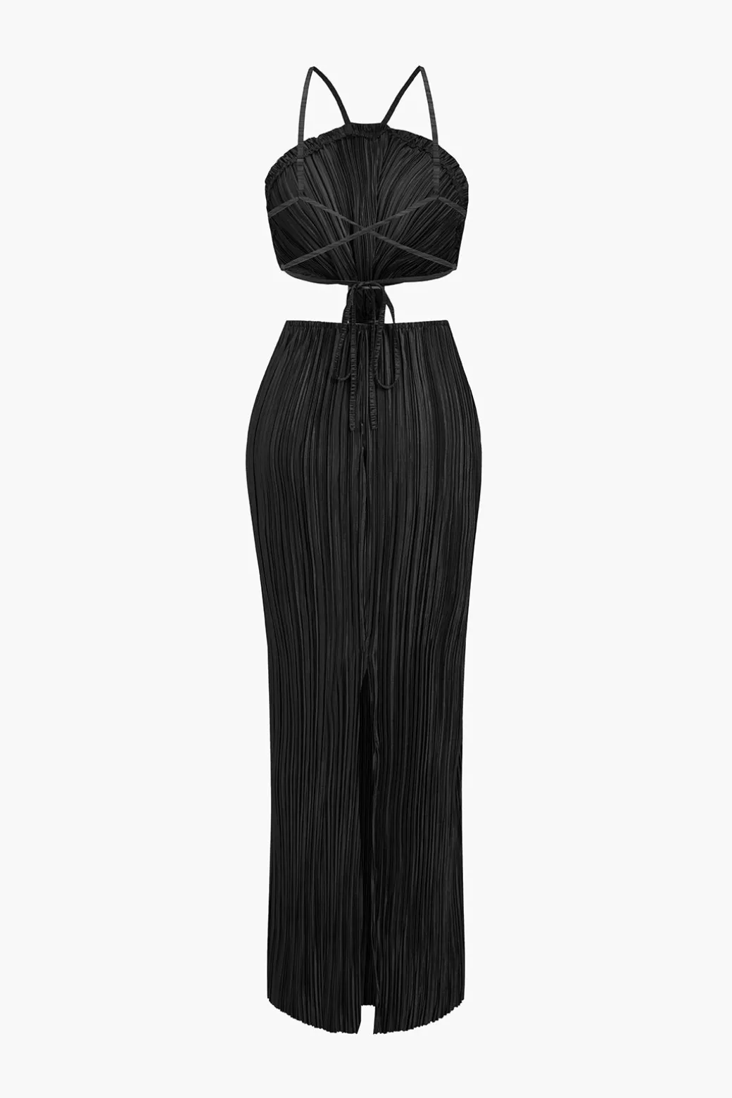 Solid Pleated Slit Maxi Dress