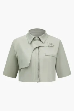 Solid Pocket And Zipper Detail Trouser Set