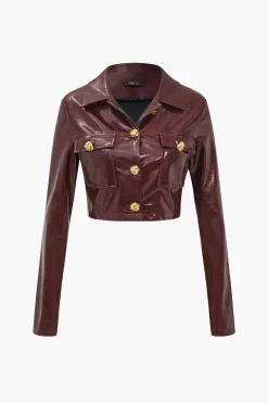 Solid PU Button And Pocket Details Jacket