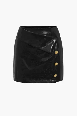 Solid Pu Button Asymmetrical Skirt