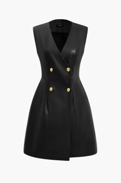 Solid PU Leather Button Mini Dress