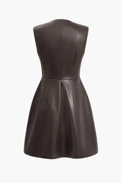Solid PU Leather Button Mini Dress