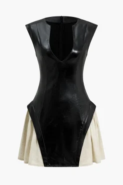 Solid Pu Patchwork Ruched Zipper Mini Dress