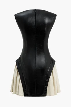 Solid Pu Patchwork Ruched Zipper Mini Dress