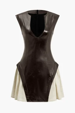 Solid Pu Patchwork Ruched Zipper Mini Dress