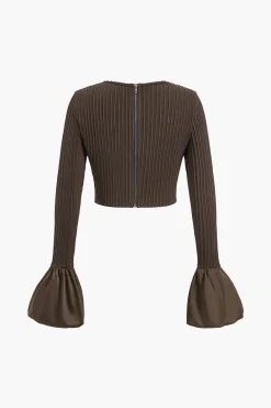 Solid Puff Sleeve Zipper Long-Sleeve Top