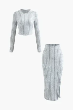 Solid Rib Knit Round Neck Long Sleeve Top And Slit Skirt Set