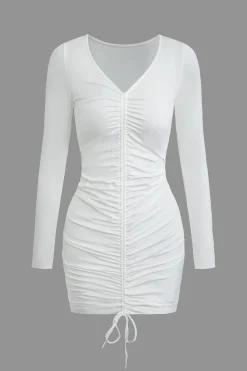 Solid Ruched Drawstring Mini Dress