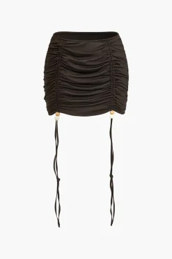 Solid Ruched Drawstring Tie-Up Skirt Set
