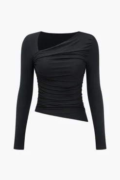 Solid Ruched Mesh Long-Sleeve Top