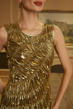 Solid Ruched Shiny Maxi Dress