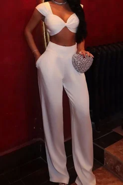 Solid Ruched Top And Trousers Set