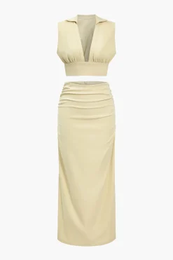 Solid Ruched V-neck Top And Skirt Set