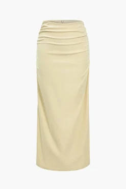 Solid Ruched V-neck Top And Skirt Set