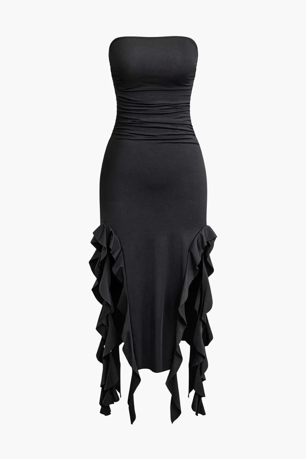 Solid Ruffle Hem Ruched Tube Maxi Dress