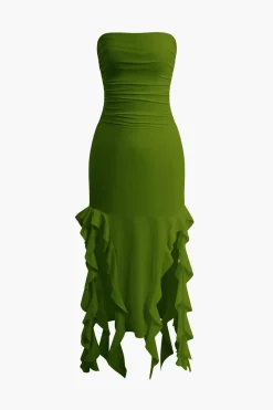 Solid Ruffle Hem Ruched Tube Maxi Dress