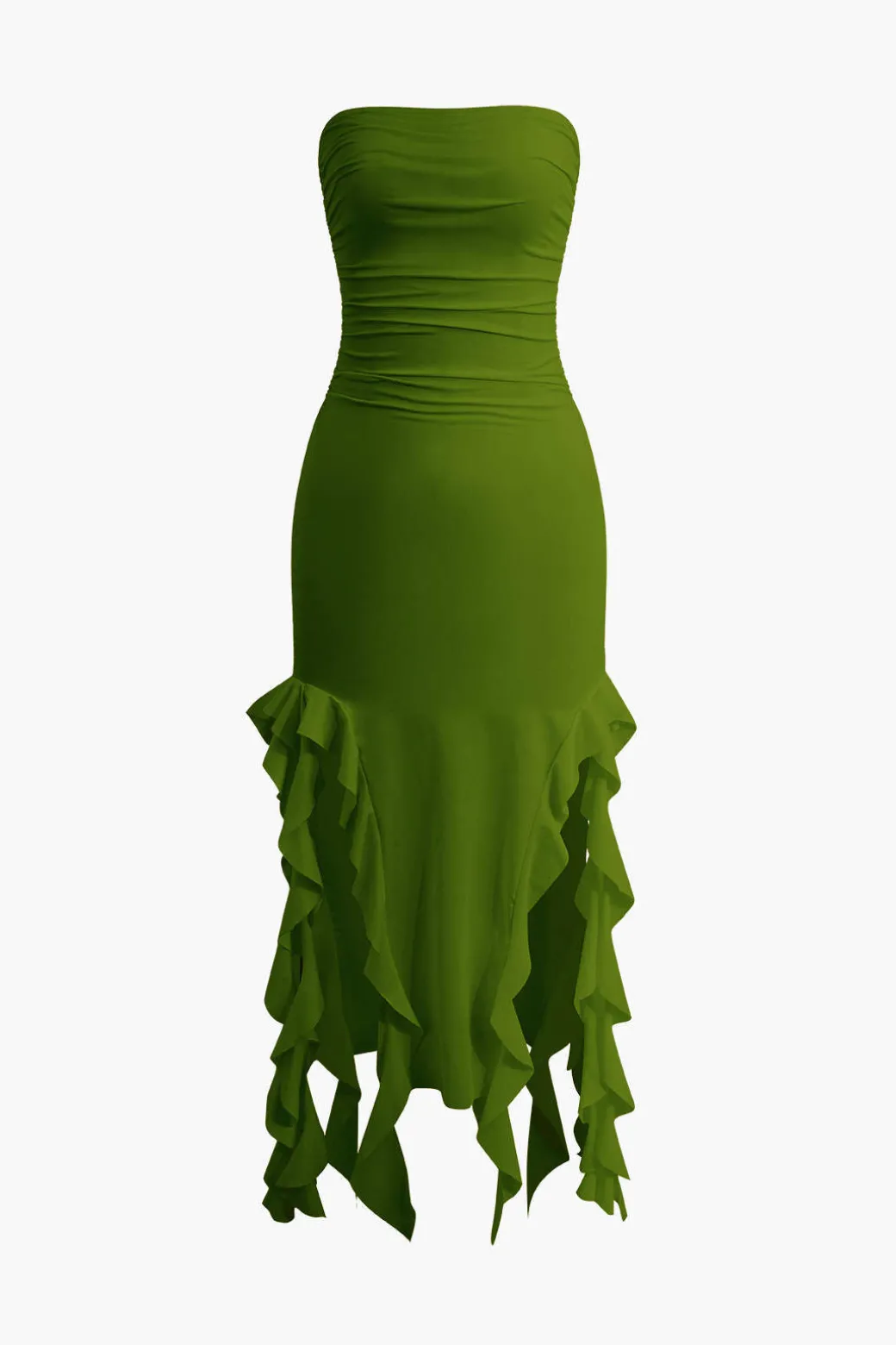 Solid Ruffle Hem Ruched Tube Maxi Dress