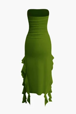 Solid Ruffle Hem Ruched Tube Maxi Dress
