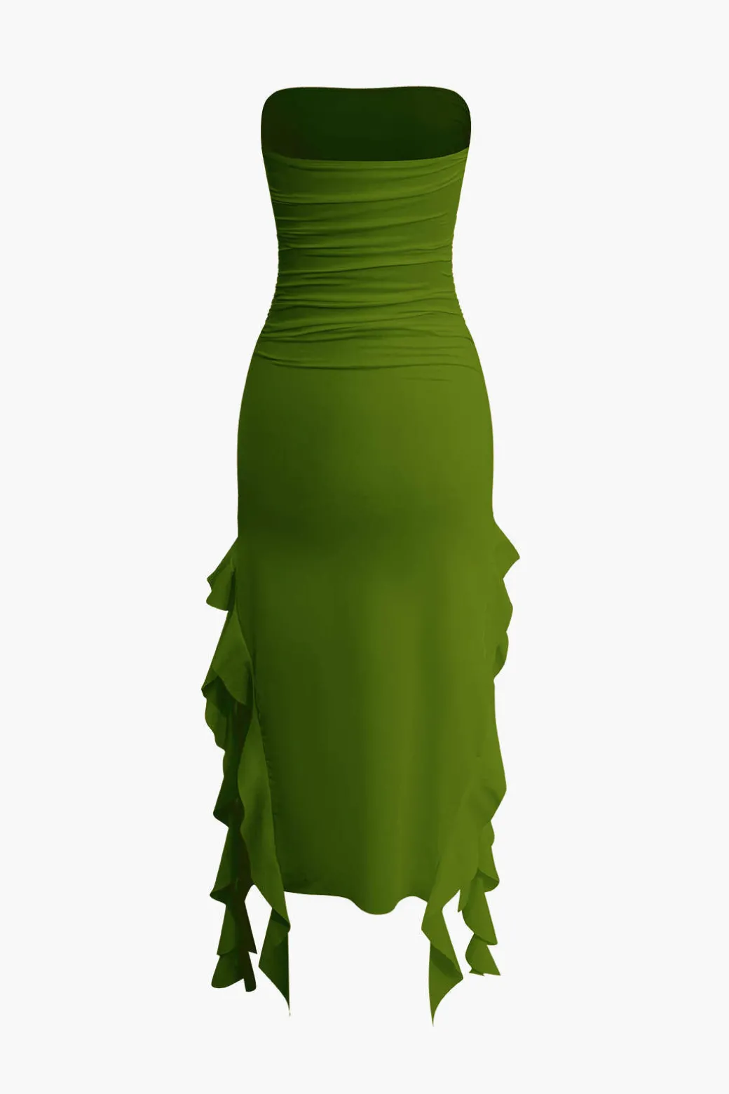 Solid Ruffle Hem Ruched Tube Maxi Dress
