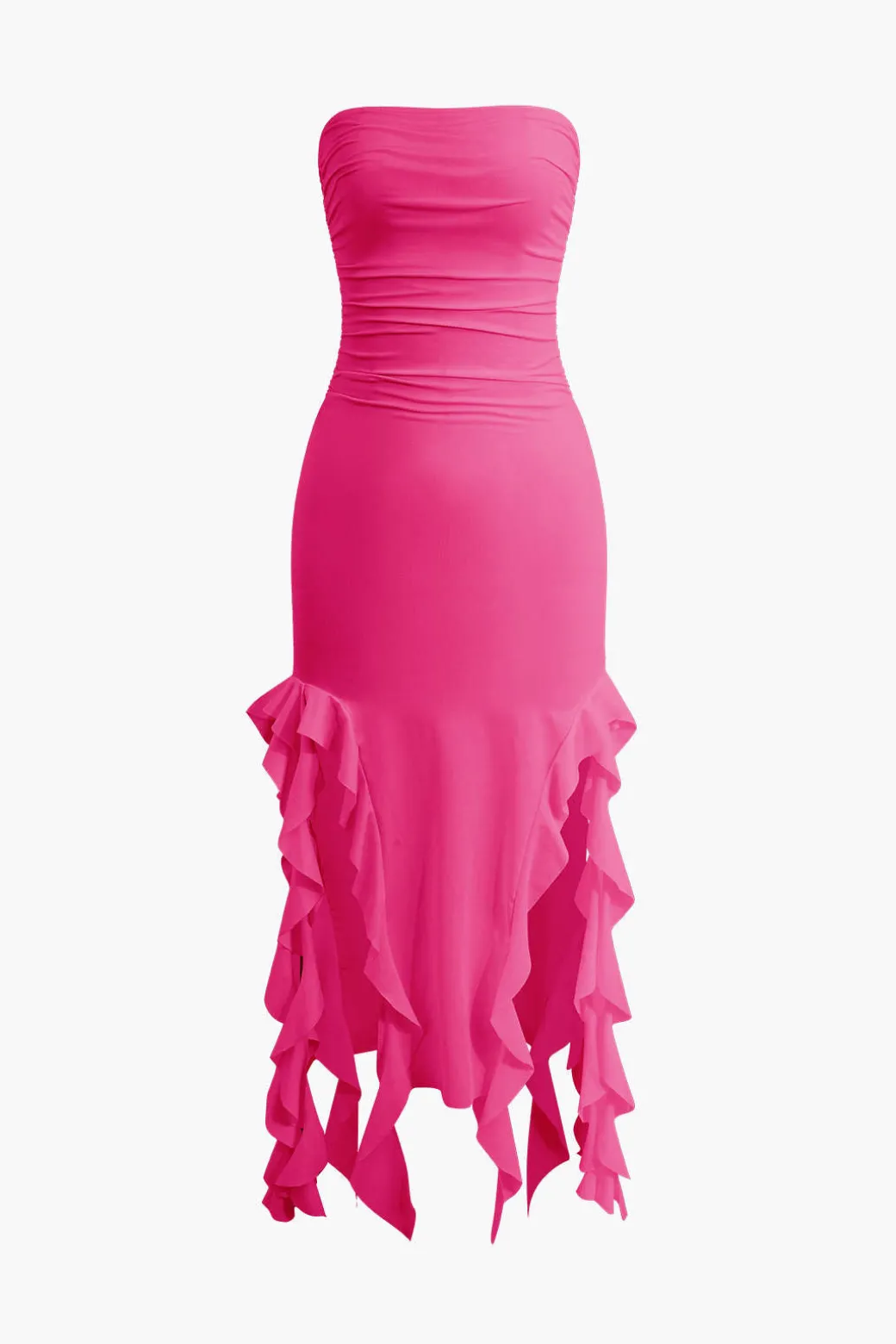 Solid Ruffle Hem Ruched Tube Maxi Dress