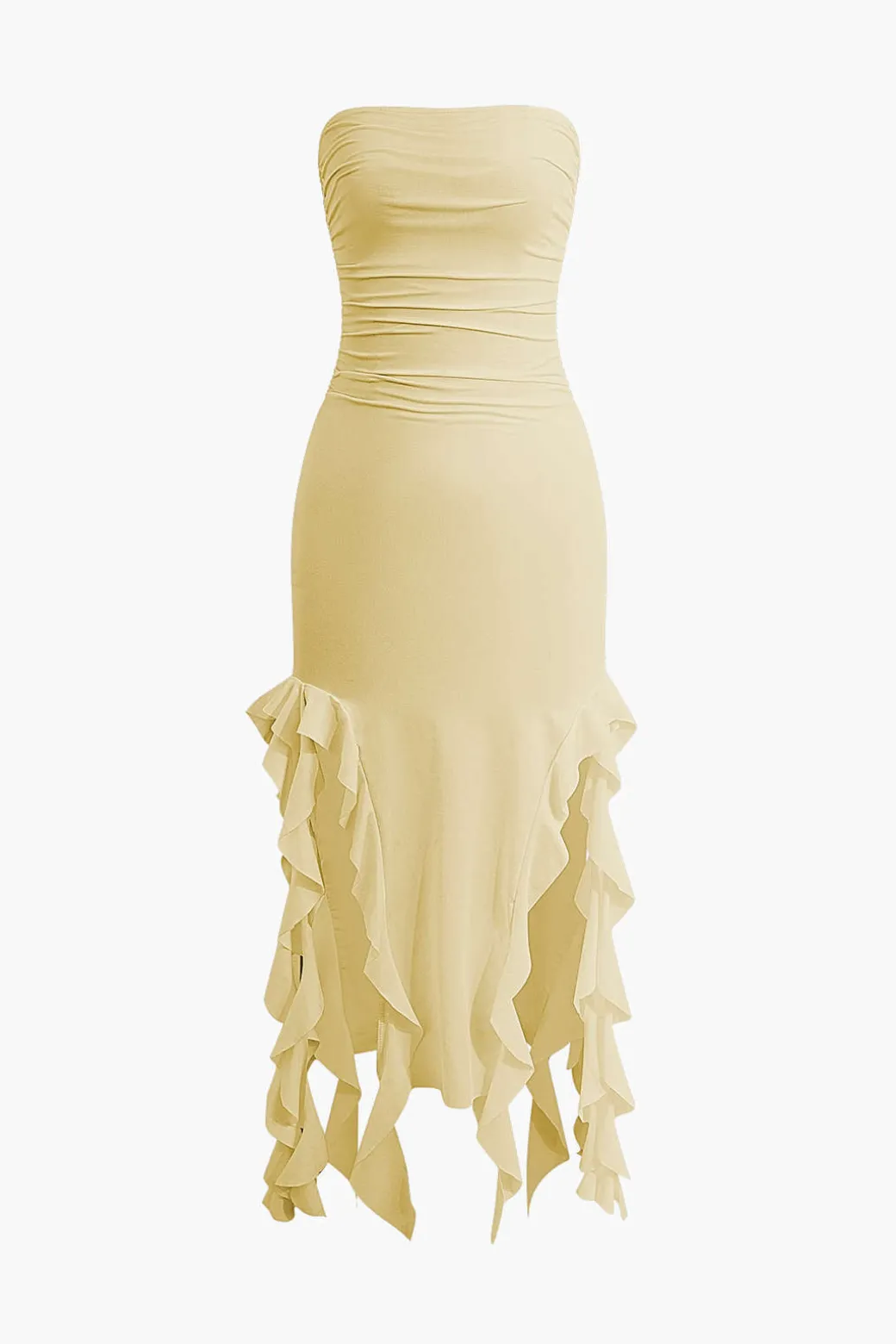 Solid Ruffle Hem Ruched Tube Maxi Dress