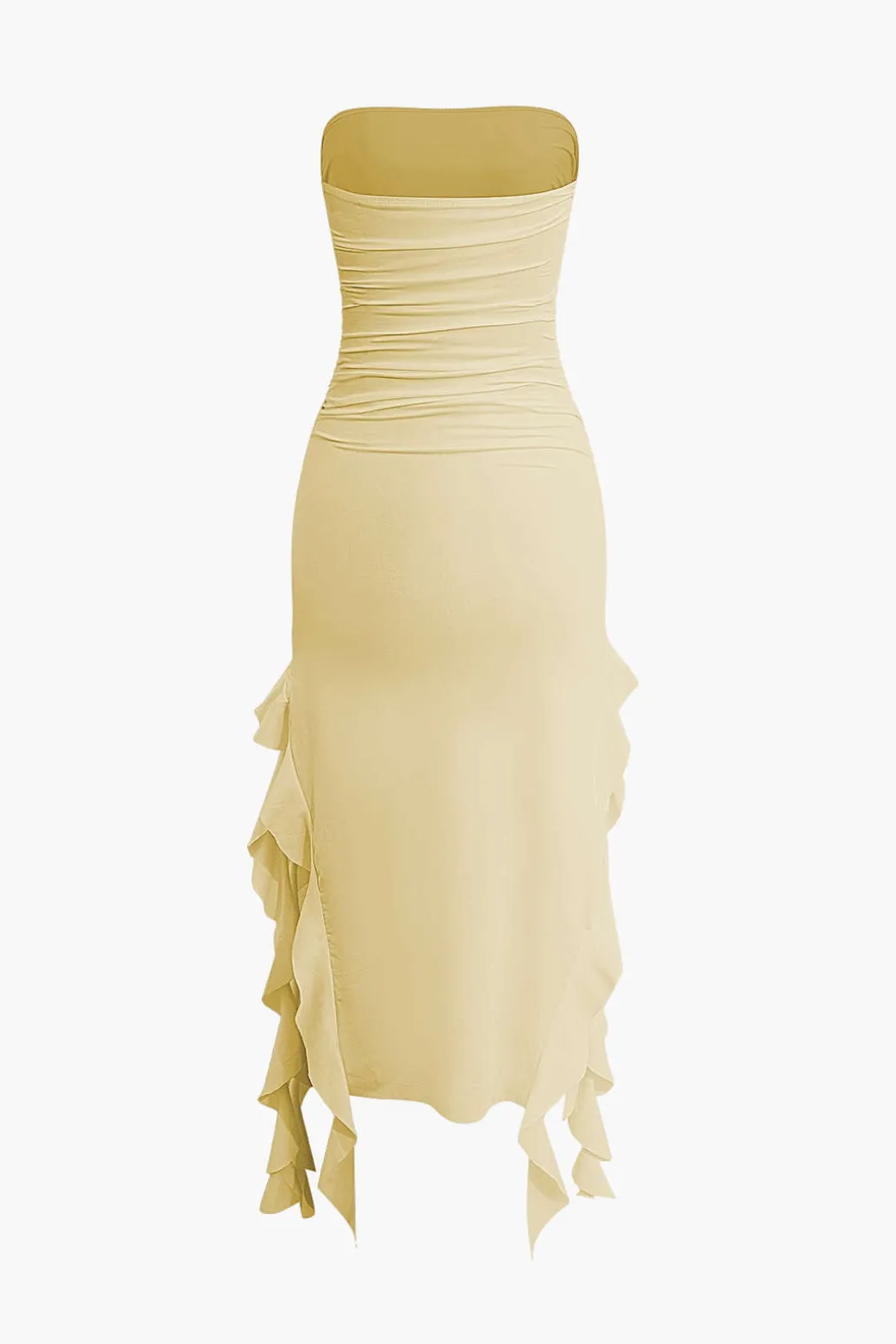 Solid Ruffle Hem Ruched Tube Maxi Dress