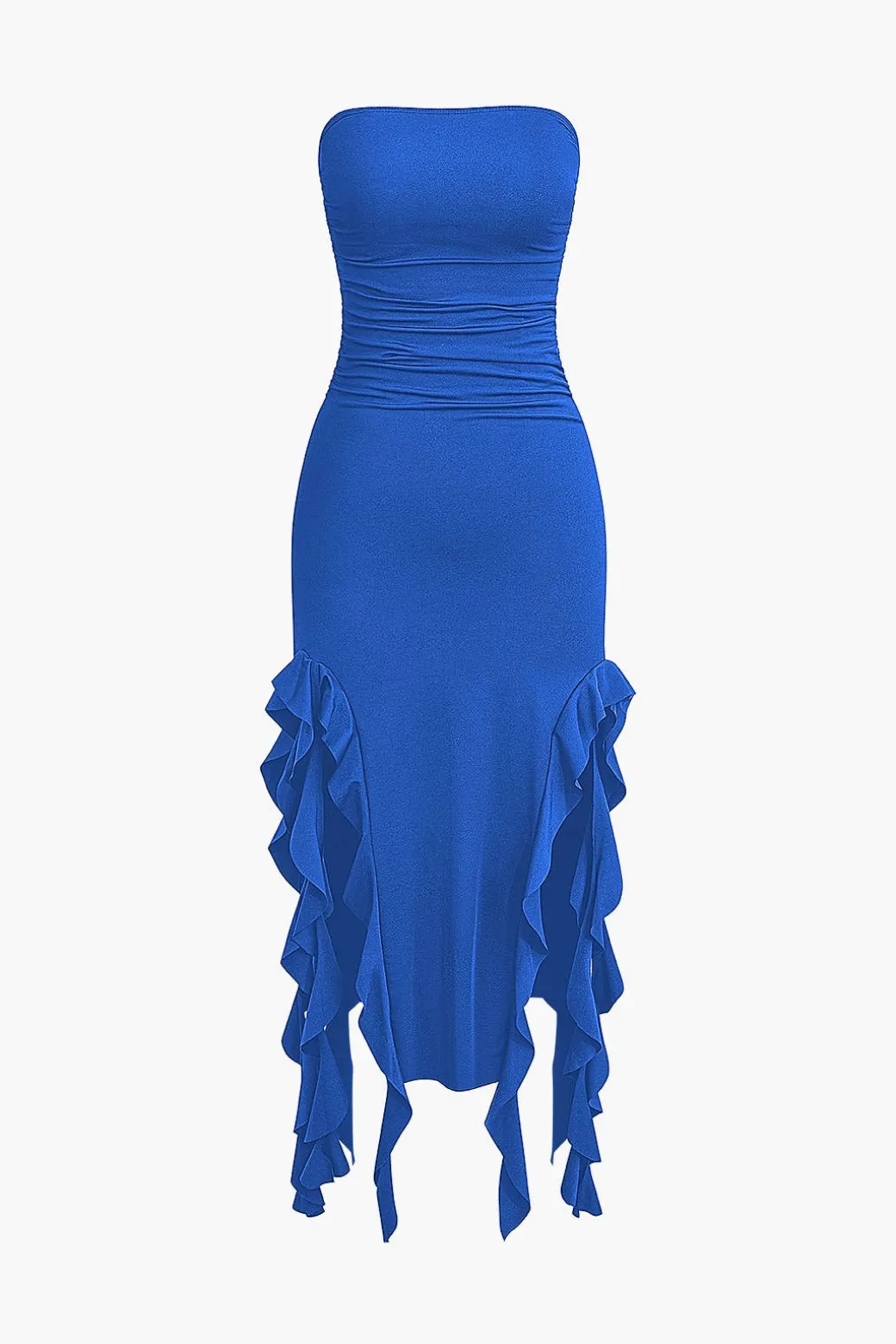 Solid Ruffle Hem Ruched Tube Maxi Dress