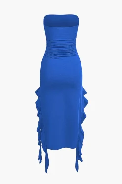 Solid Ruffle Hem Ruched Tube Maxi Dress