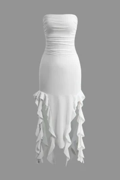 Solid Ruffle Hem Ruched Tube Maxi Dress